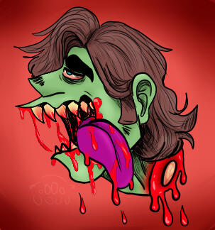 My sona, a green zombie man with sharp, yellowed teeth, long-ish brown hair, a purple tongue, and blood around his mouth. His head is severed at the neck and is bleeding from the wound.
